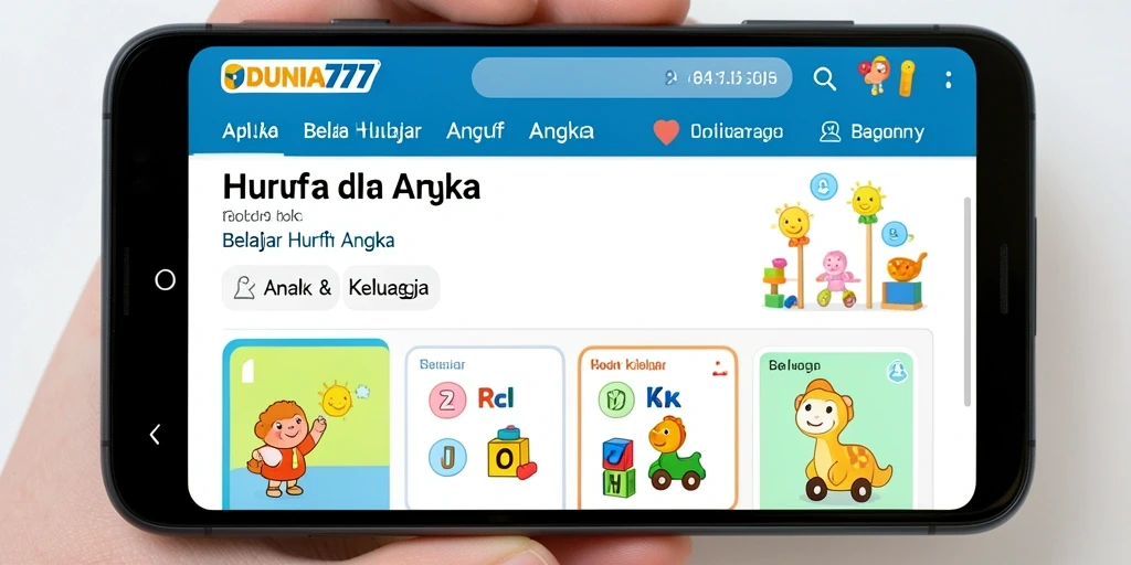 Tampilan antarmuka DUNIA777 yang menarik untuk Belajar Huruf dan Angka.