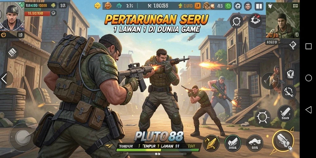 Screenshot antarmuka PLUTO88 menampilkan pertarungan seru 1 Lawan 1.