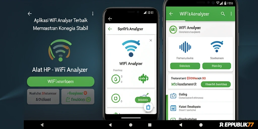 Tampilan antarmuka aplikasi REPUBLIK77 menampilkan analisis WiFi dengan jelas.